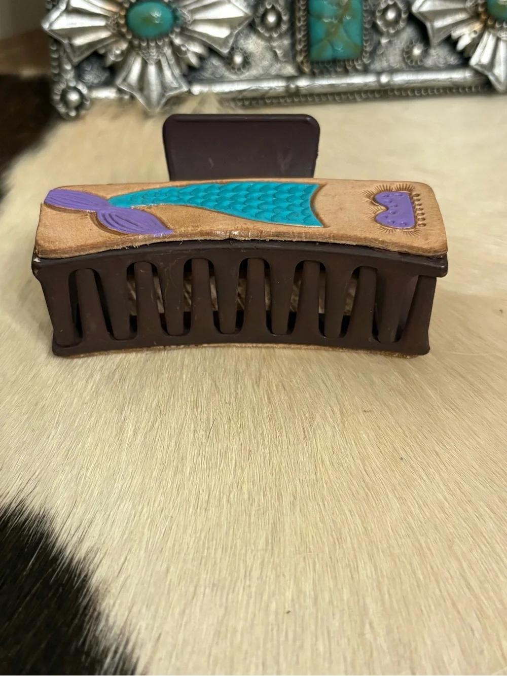 Mermaid Leather Hair Claw Clip in Turquoise & Purple